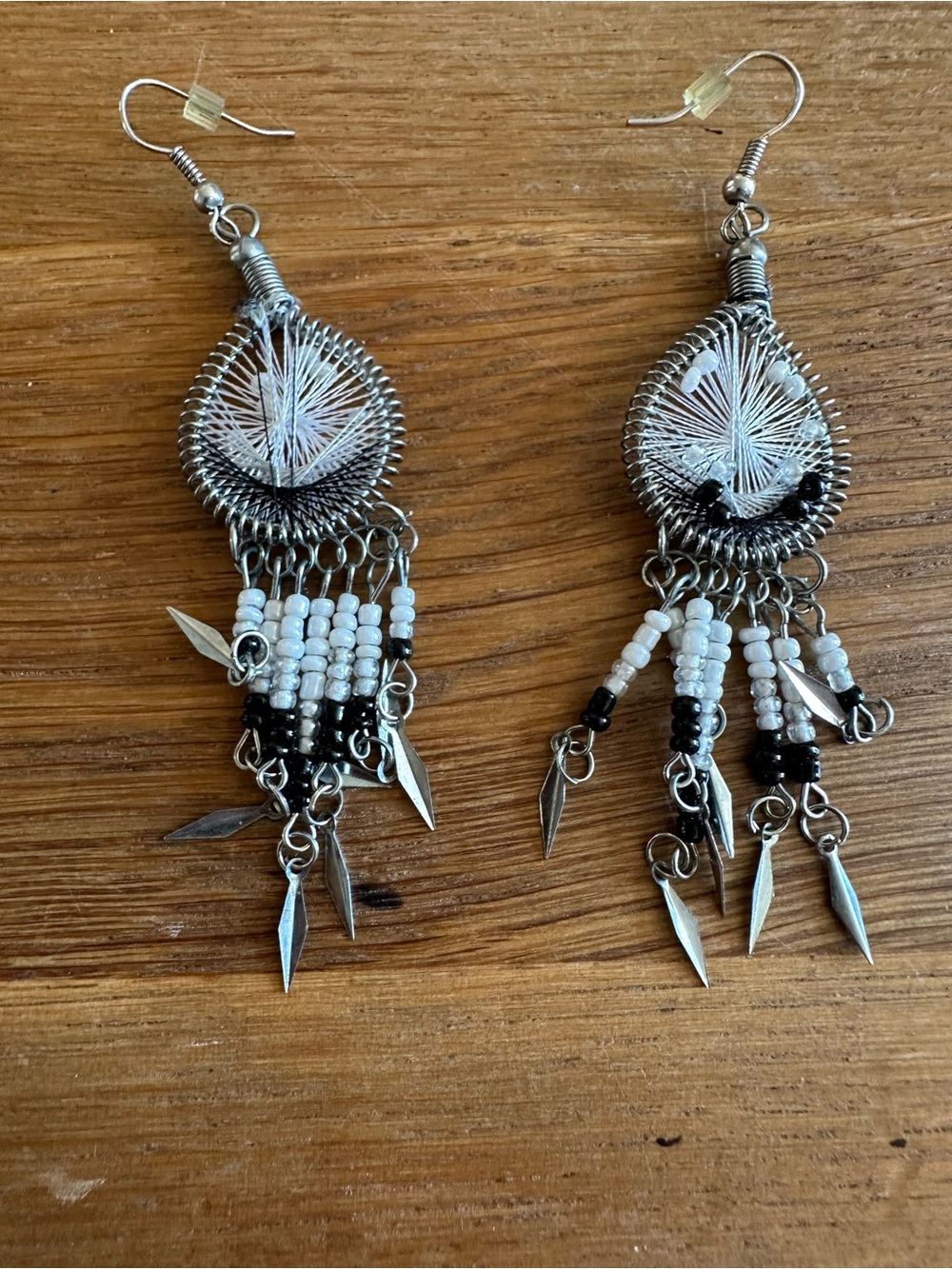 Silver-Tone Black and White Beaded Dangle Earrings